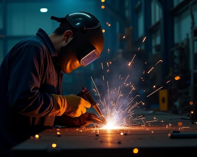 Sveiser i arbeid med gnister som flyr.